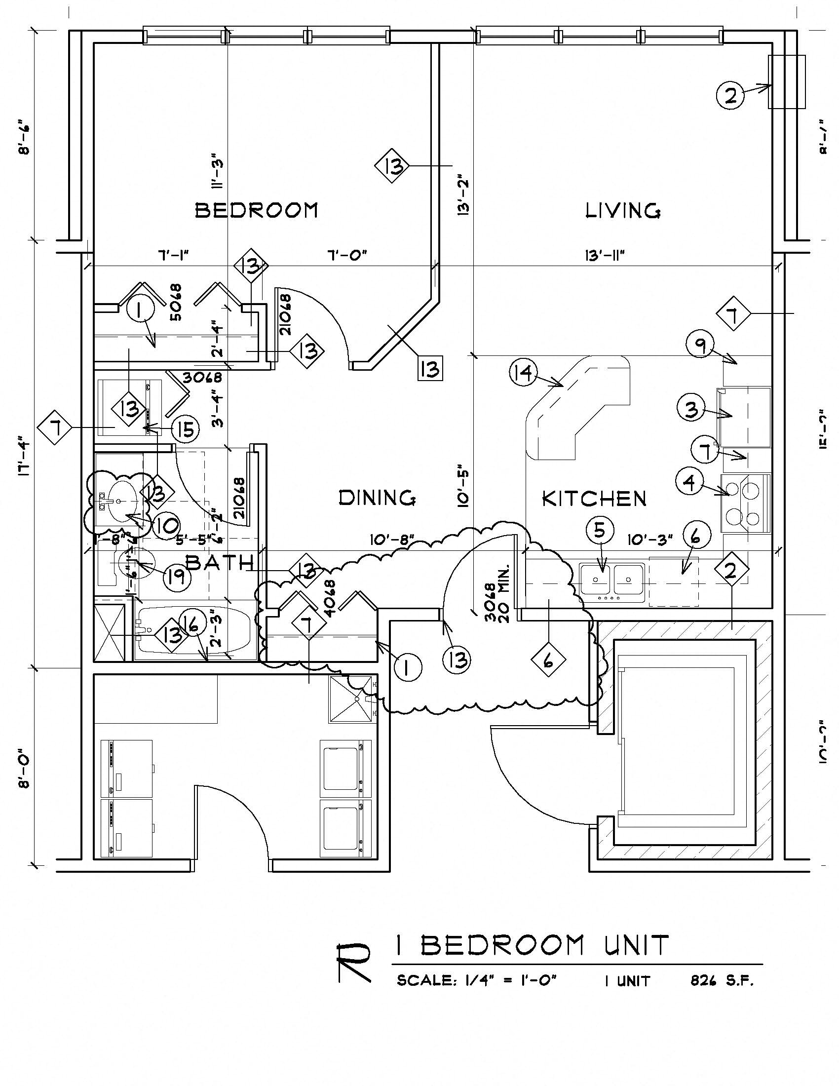Floor plan for 1 bed, 1 bath, 927 sqft